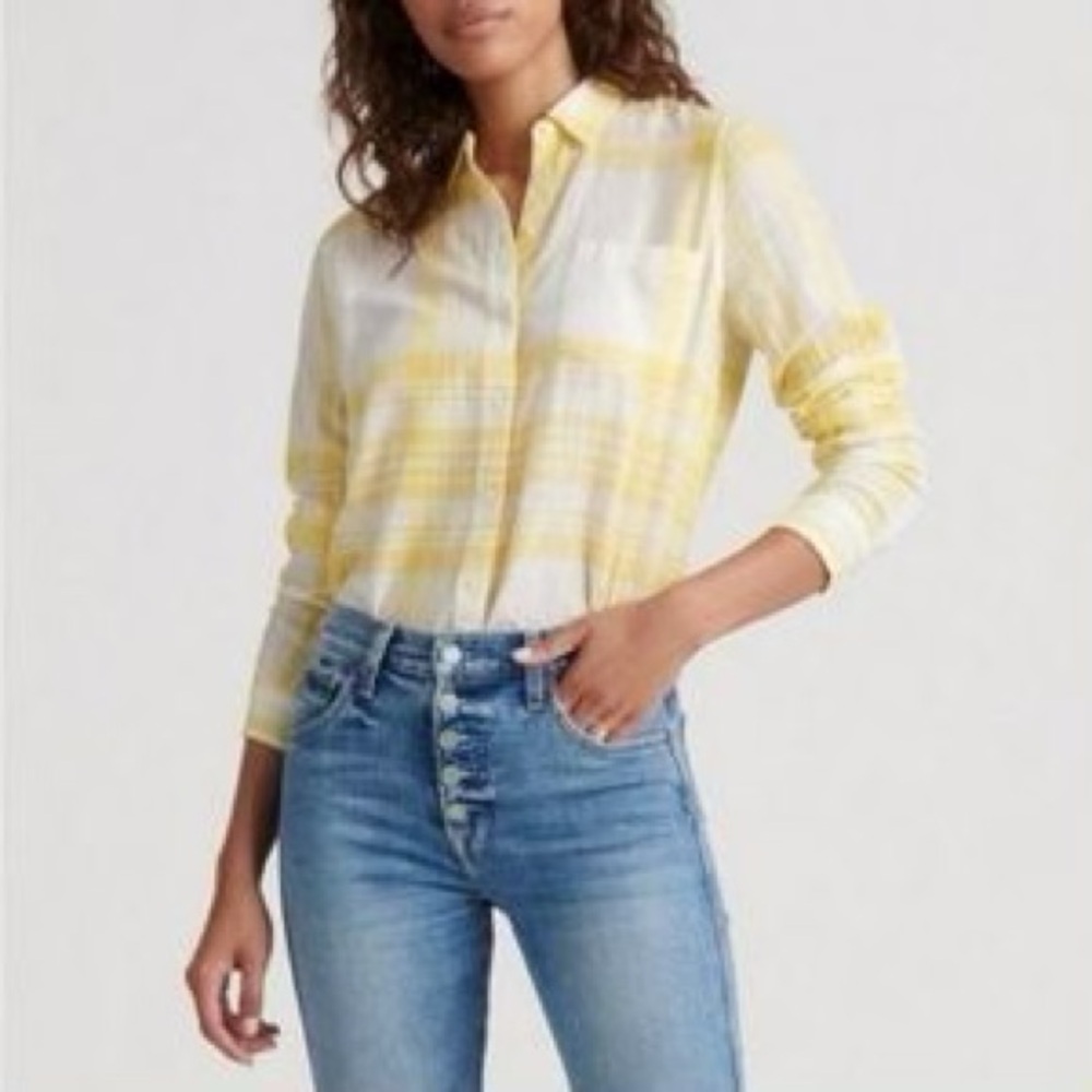Lucky Brand Small Yellow White Plaid Button Down Linen Blend Long Sleeve Top